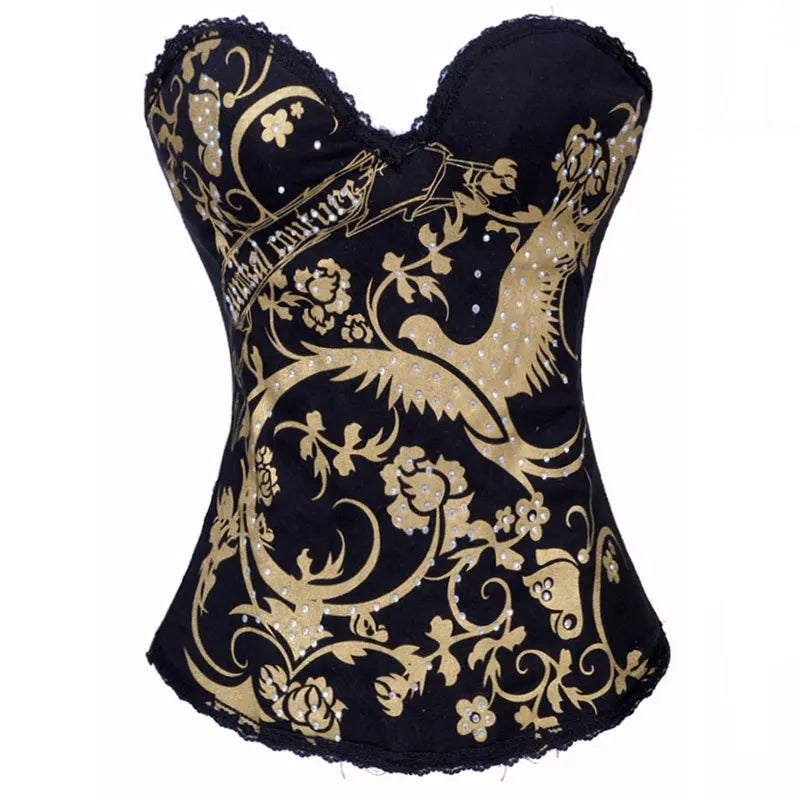 Este corsé negro con encaje dorado combina elegancia y erotismo, resaltando tus curvas con un diseño ajustable y sofisticado.