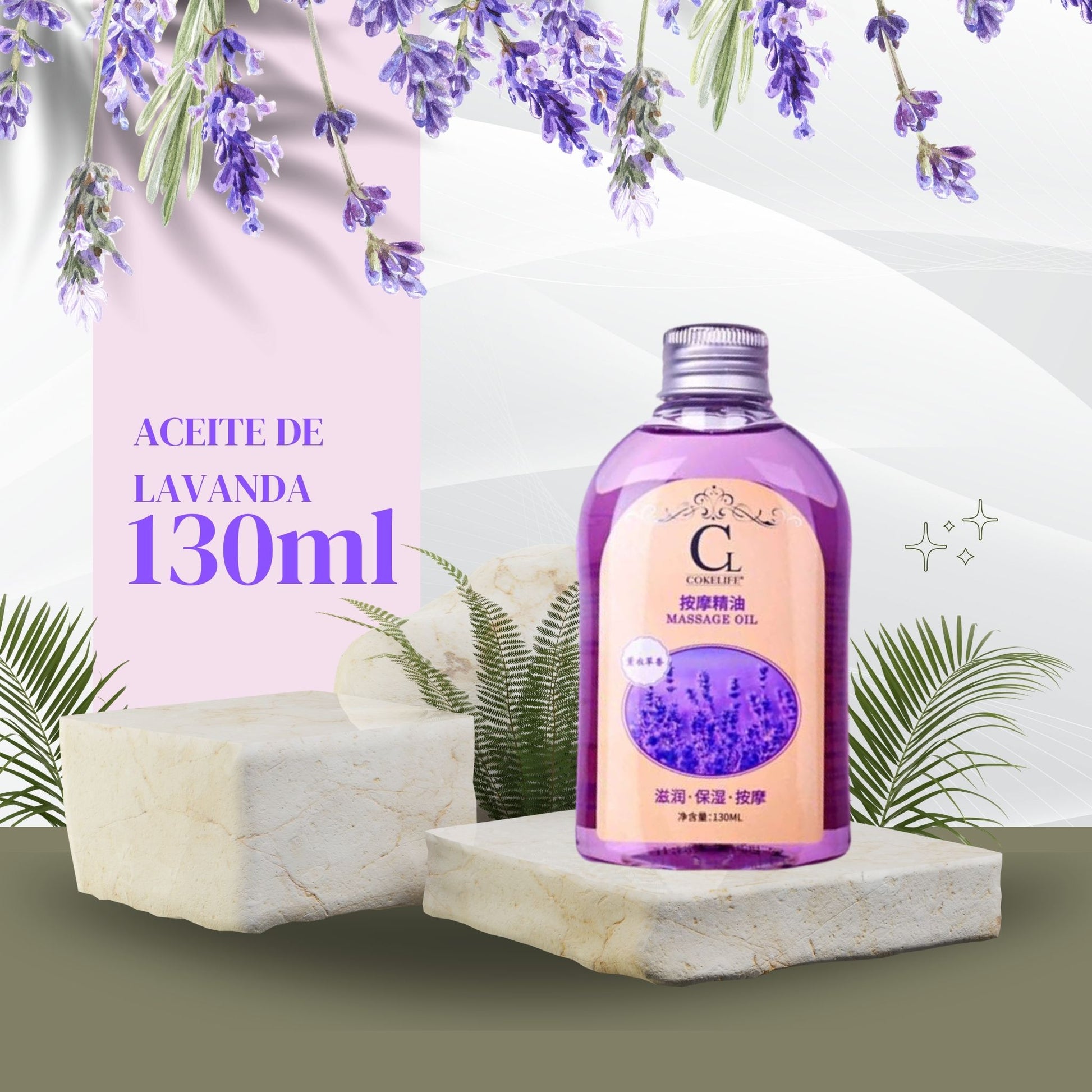Botella de aceite de masaje de lavanda 130ml sobre fondo natural