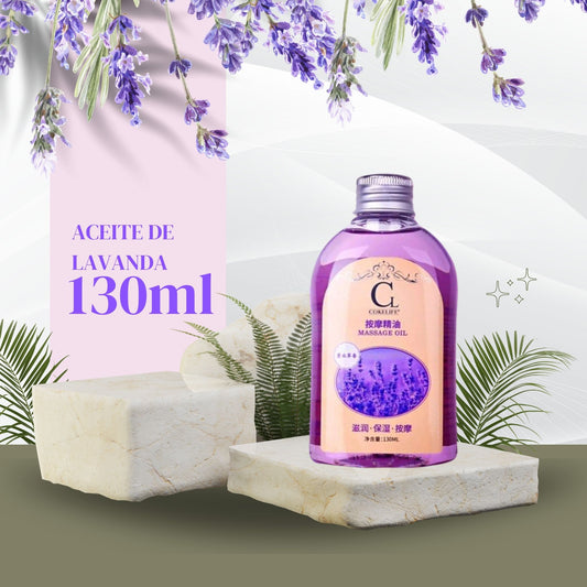Botella de aceite de masaje de lavanda 130ml sobre fondo natural