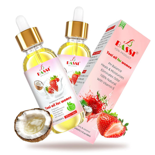 Botella de aceite orgánico para cuidado íntimo femenino.