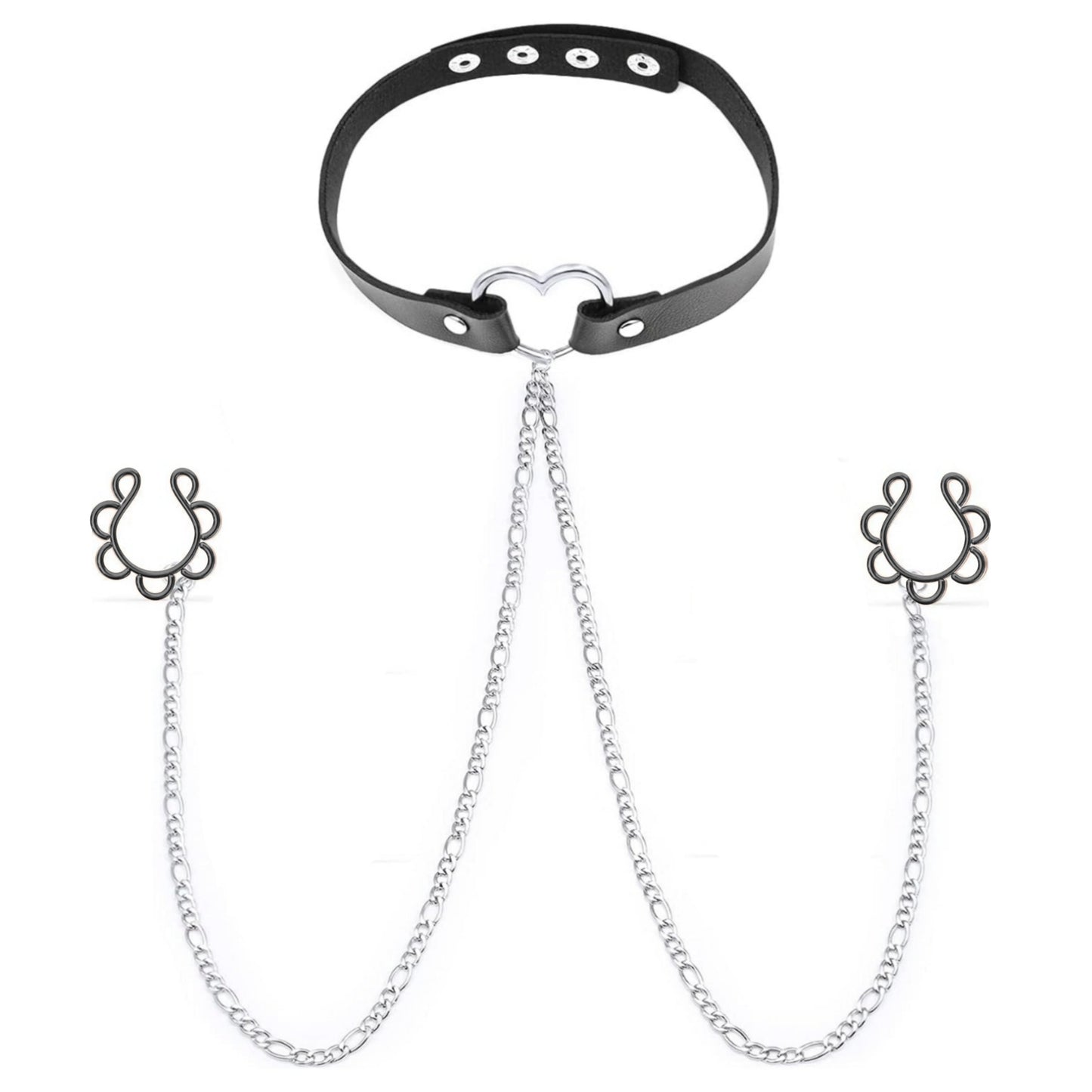 Explora el erotismo con este choker fetish de cuero y piercings para pezón sin perforación, ideal para juegos de dominación y bondage suave.