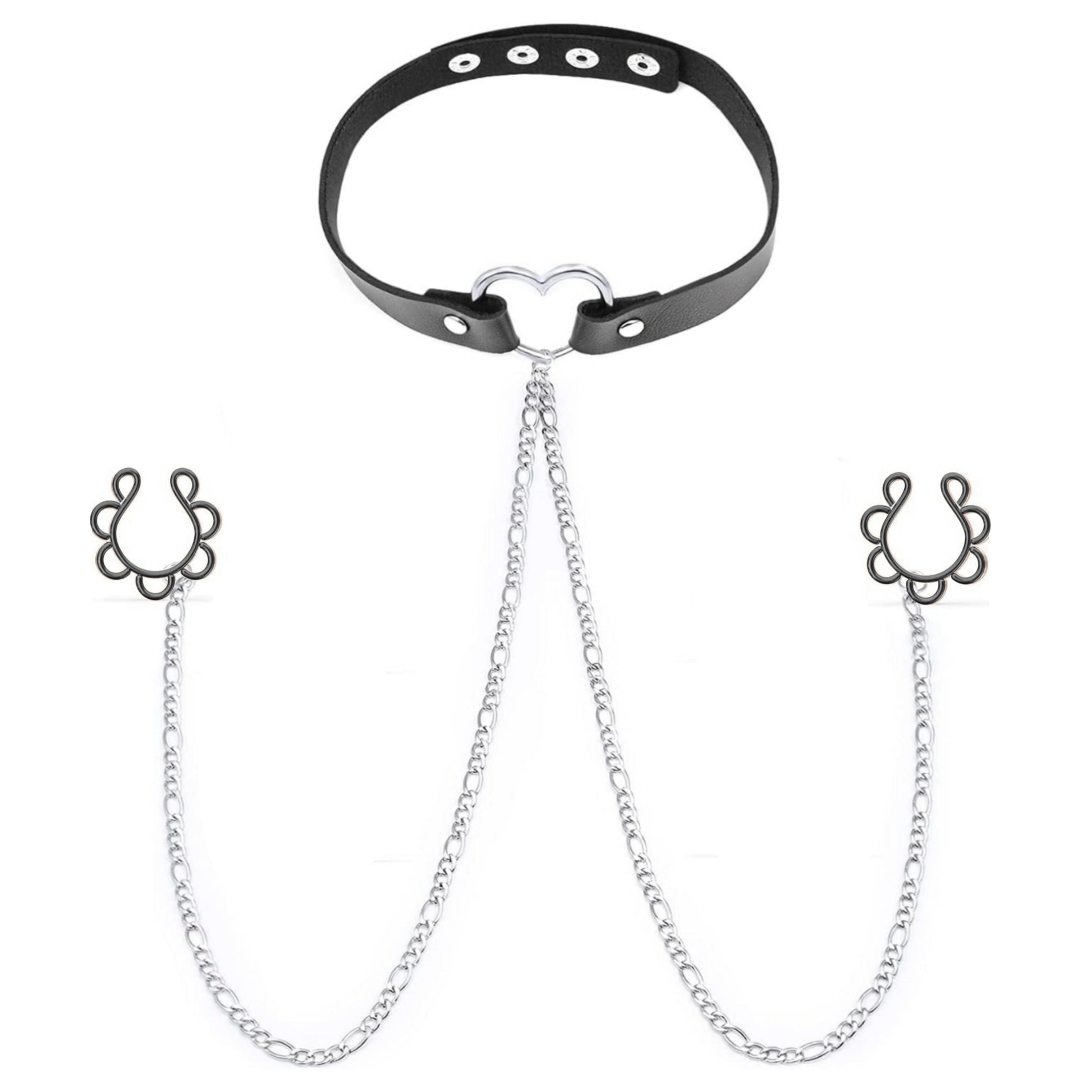 Explora el erotismo con este choker fetish de cuero y piercings para pezón sin perforación, ideal para juegos de dominación y bondage suave.