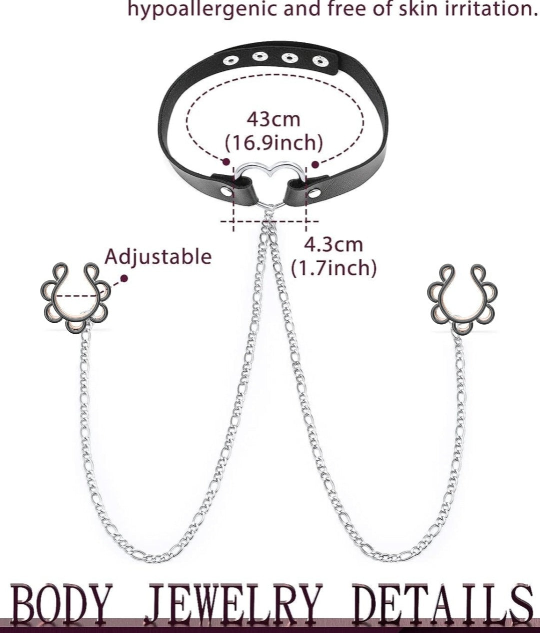 Atrévete con este collar de cuero BDSM con cadenas y piercings decorativos ajustables, perfectos para añadir un toque provocador sin perforaciones.