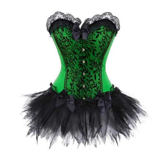 Despierta la fantasía con este elegante corsé victoriano en verde satinado y encaje negro, ideal para noches sensuales y momentos íntimos.