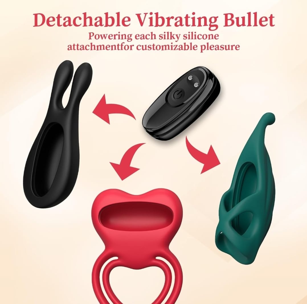 "Incluye estimulador de pezón, anillo vibrador y mini vibrador de dedo."