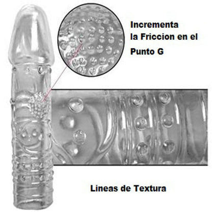 La funda Seductios Sleeve Clear aumenta el largo y grosor del pene, con textura externa excitante para una estimulación profunda.
